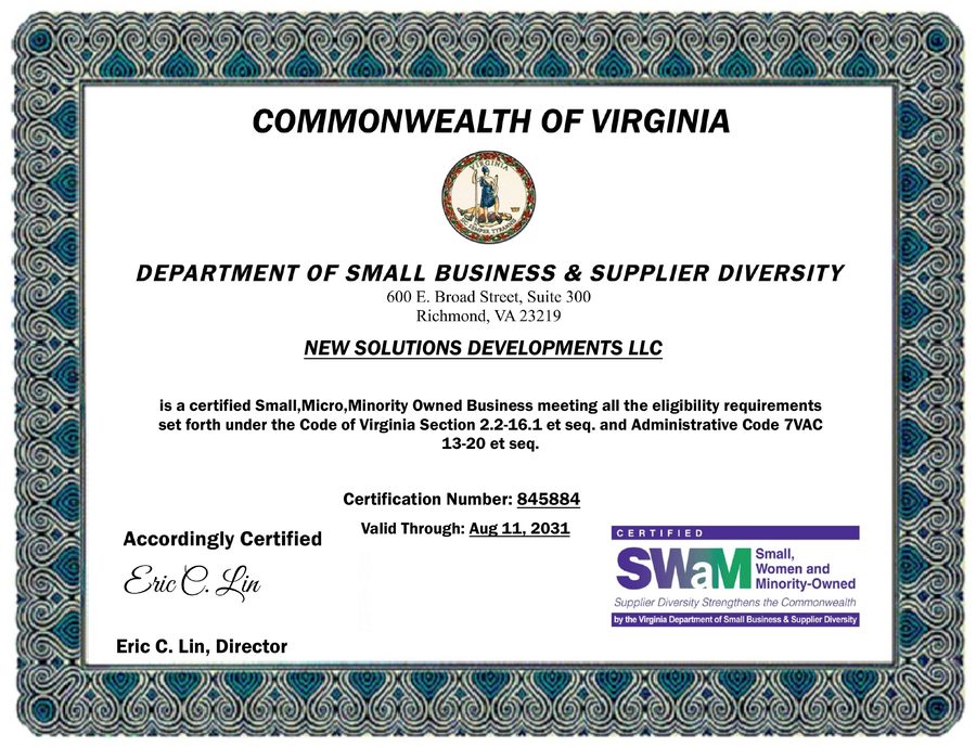 Commonwealth of Virginia SWaM certificate issued to New Solutions Developments LLC, certification number 845884, valid through August 11, 2031